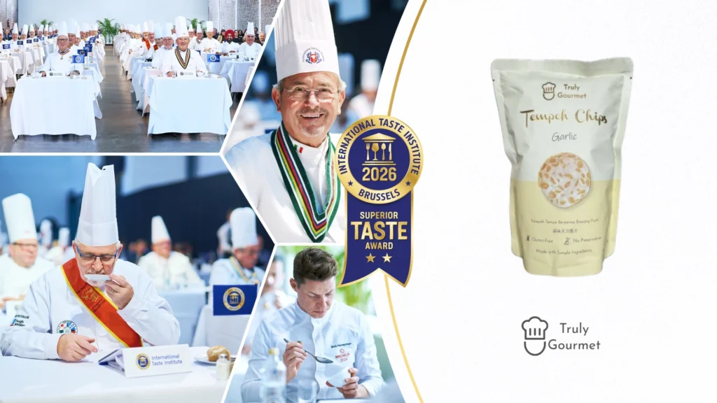 Truly Gourmet Garlic Tempeh Chips pack beside the 2-star Superior Taste Award 2026 seal