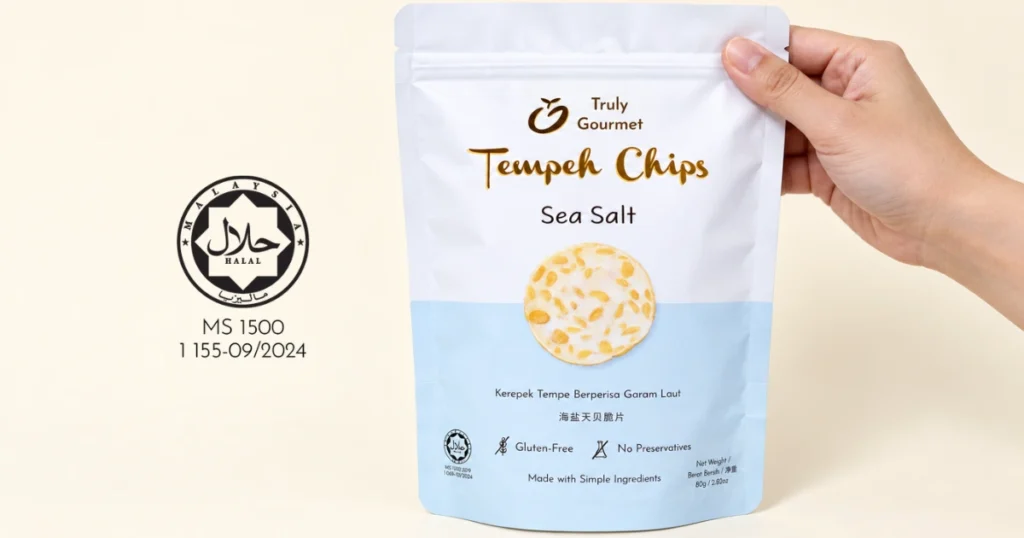 Truly Gourmet tempeh chips pack showing the JAKIM halal logo