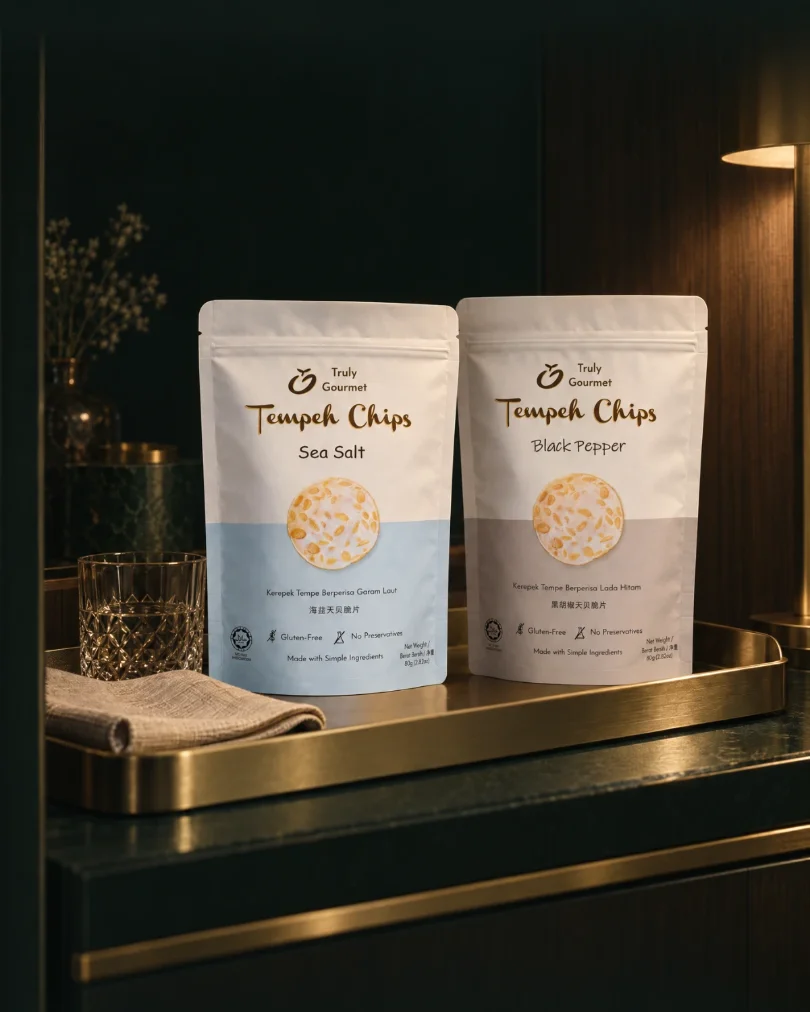 Truly Gourmet Sea Salt and Black Pepper tempeh chips on a brass tray in a 5-star hotel room