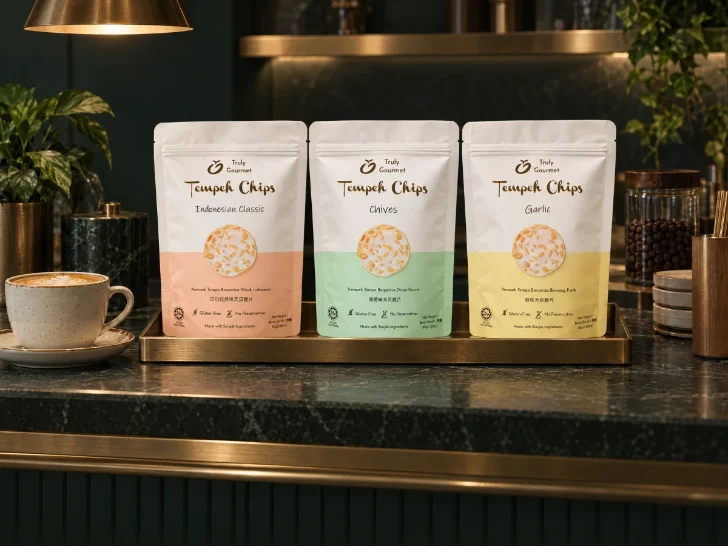 Truly Gourmet tempeh chips displayed on an office pantry counter