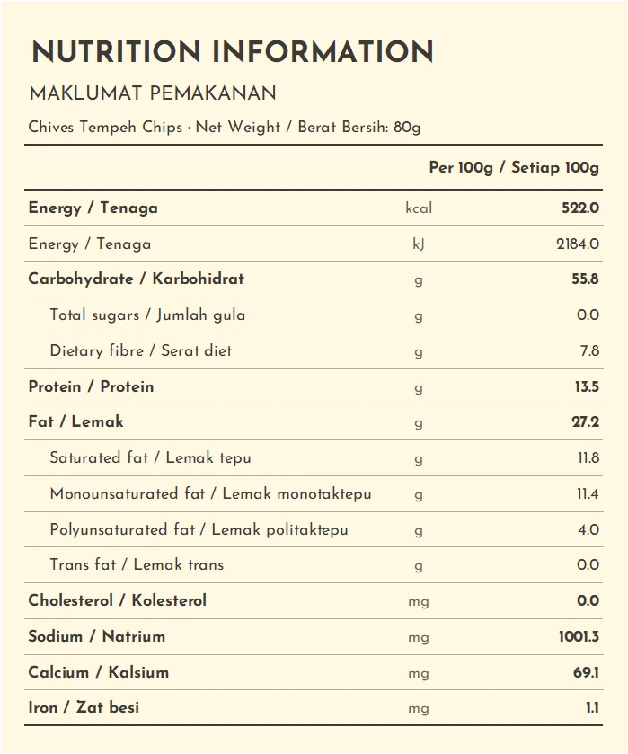 Nutrition information panel – Truly Gourmet Chives Tempeh Chips (80g)