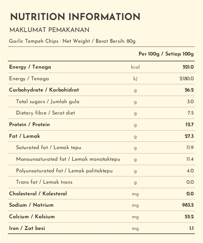 Nutrition information panel – Truly Gourmet Garlic Tempeh Chips (80g)
