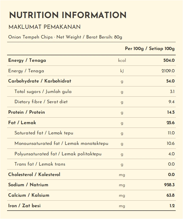 Nutrition information panel – Truly Gourmet Onion Tempeh Chips (80g)
