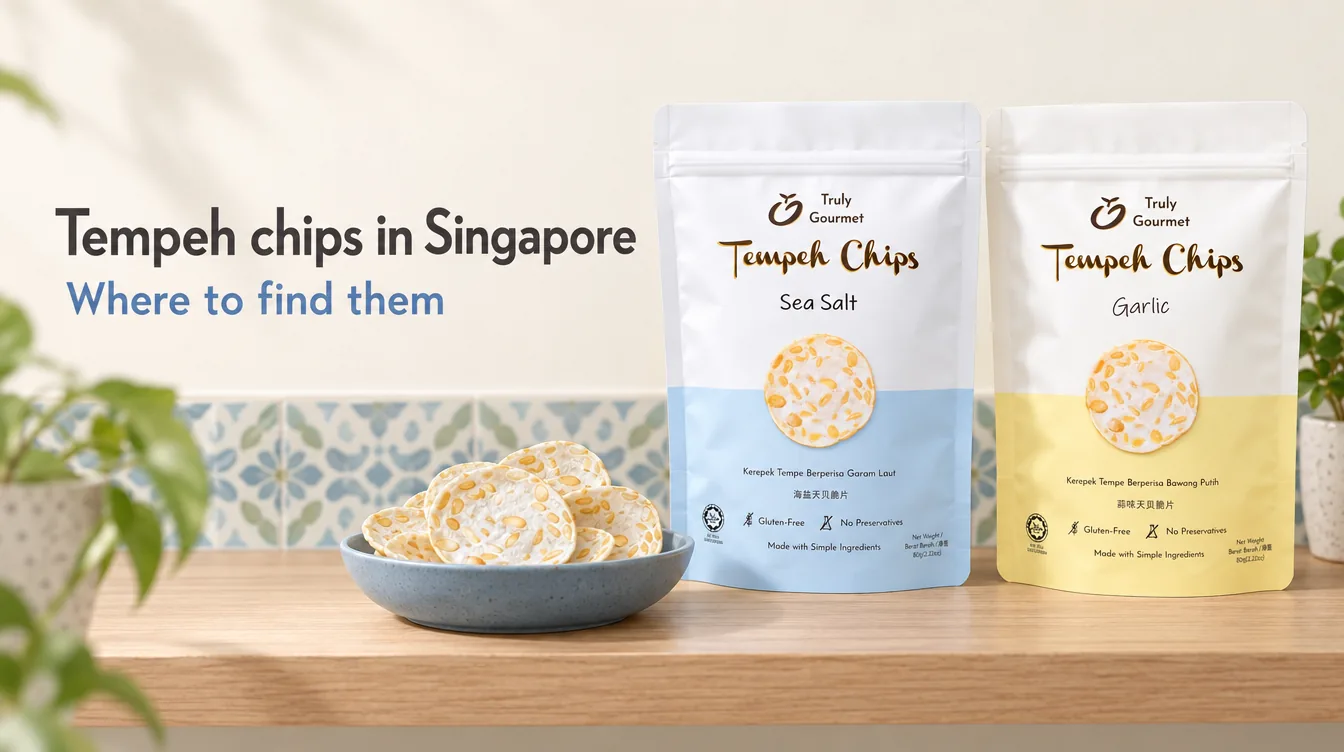 Truly Gourmet Sea Salt and Garlic tempeh chips on a shelf Truly Gourmet Sea Salt and Garlic tempeh chips on a shelf