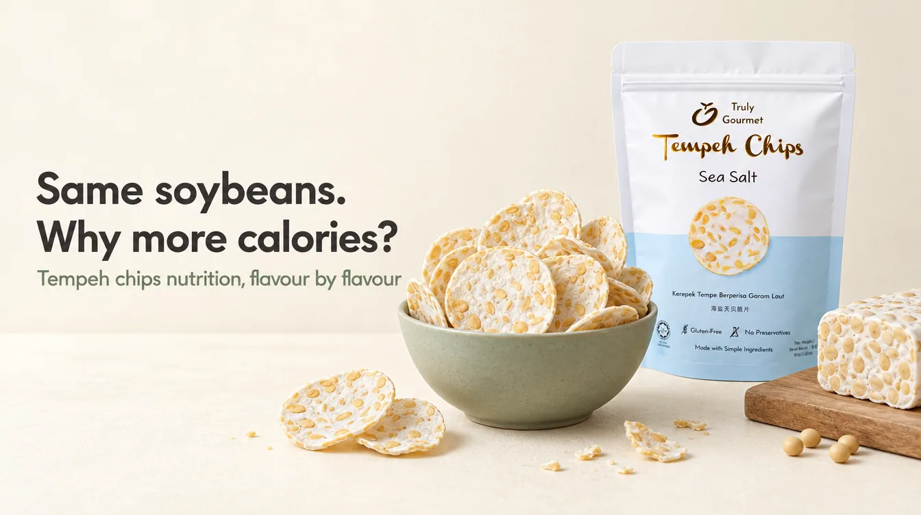 Truly Gourmet tempeh chips beside a block of fresh tempeh Truly Gourmet tempeh chips beside a block of fresh tempeh